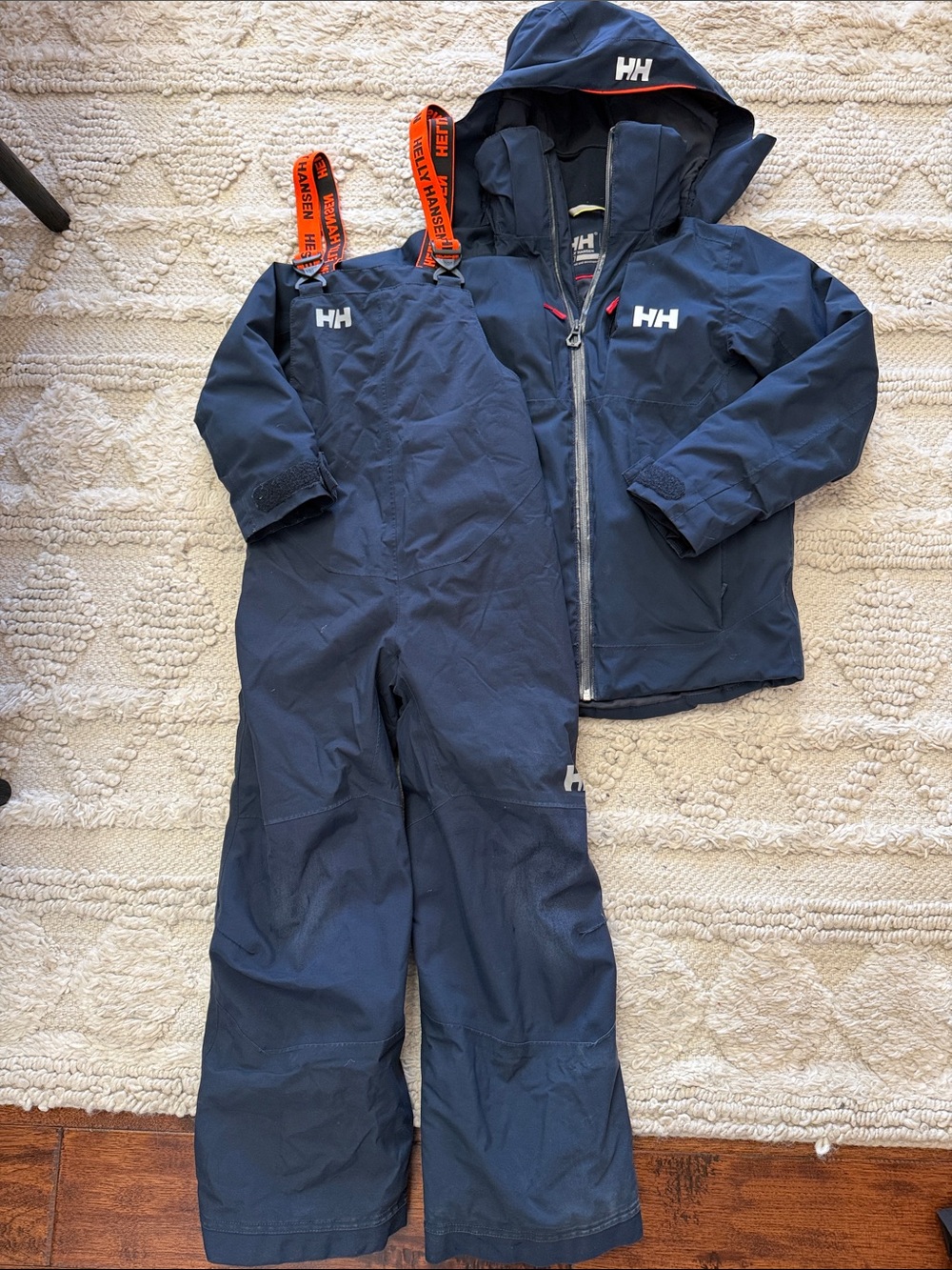 Helly Hansen Navy Kids 2-Piece Ski Jacket and Bibs with Orange Suspenders size 8